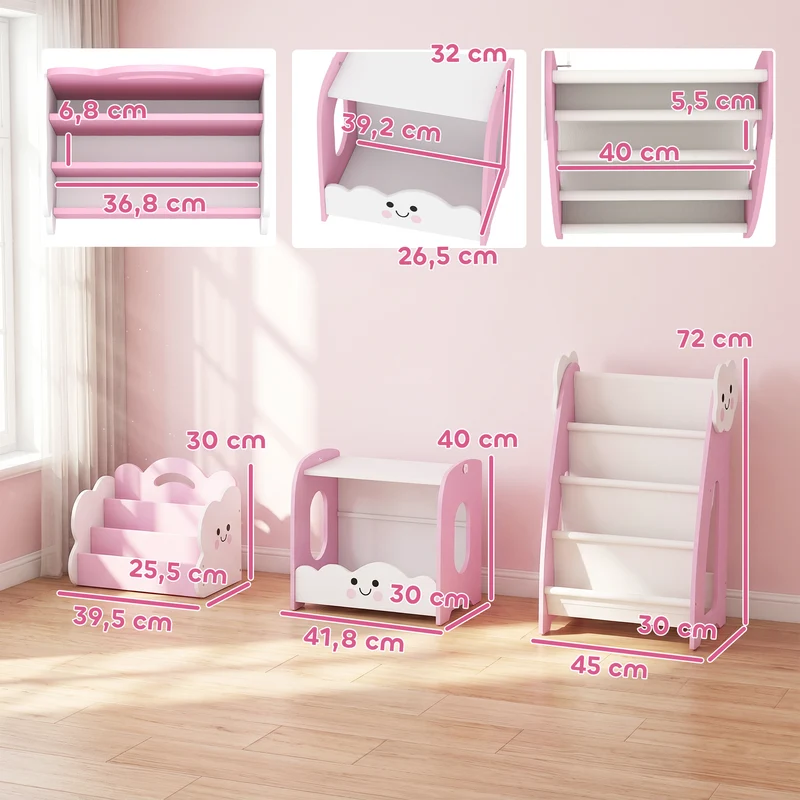 Meuble de rangement pour enfants 85 x 32 x 72 cm modulable livres jouets anti-basculement scandinave épuré en MDF rose 21_0000182