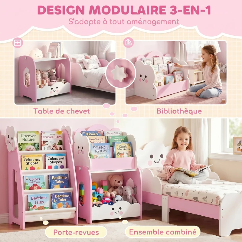 Meuble de rangement pour enfants 85 x 32 x 72 cm modulable livres jouets anti-basculement scandinave épuré en MDF rose 21_0000182