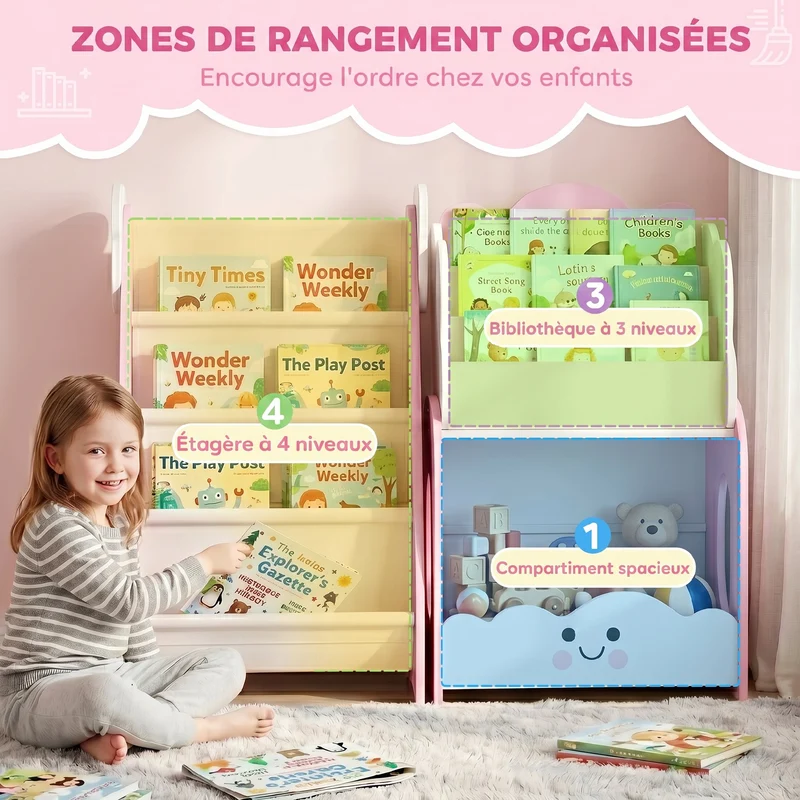 Meuble de rangement pour enfants 85 x 32 x 72 cm modulable livres jouets anti-basculement scandinave épuré en MDF rose 21_0000182