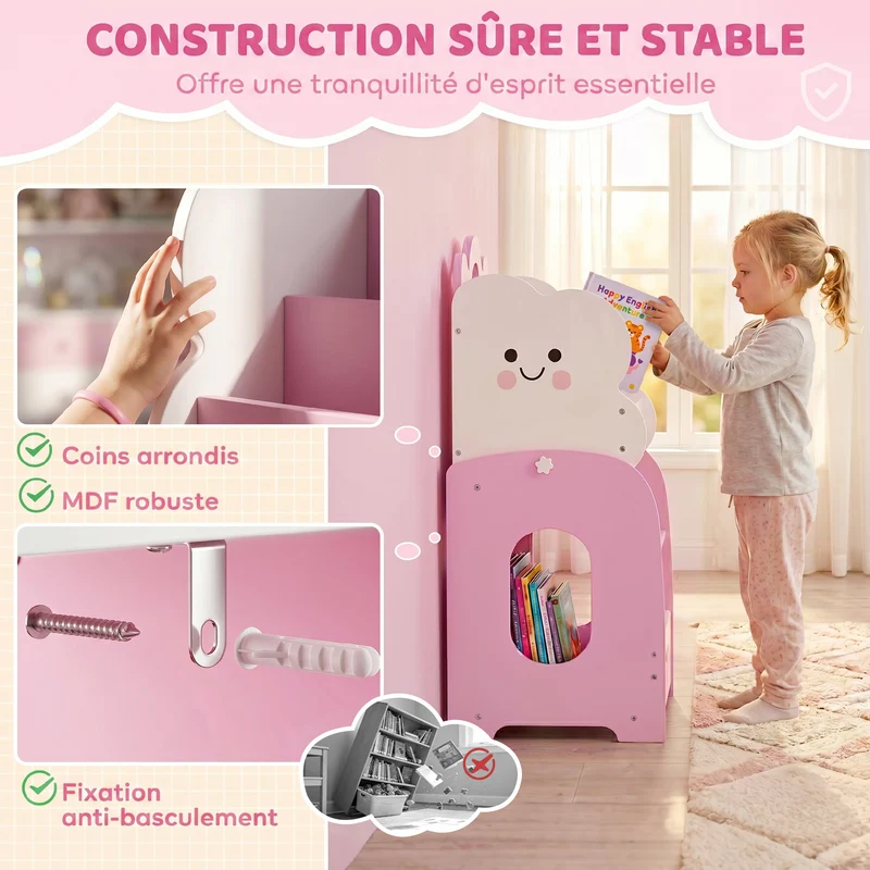 Meuble de rangement pour enfants 85 x 32 x 72 cm modulable livres jouets anti-basculement scandinave épuré en MDF rose 21_0000182