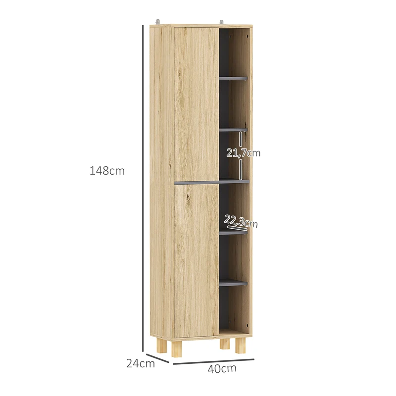 Meuble colonne salle de bain 40 x 24 x 148 cm six niches 2 portes rangement sans poignée moderne en MDF bois naturel 21_0002049