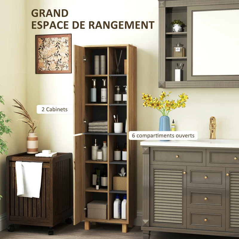 Meuble colonne salle de bain 40 x 24 x 148 cm six niches 2 portes rangement sans poignée moderne en MDF bois naturel 21_0002049