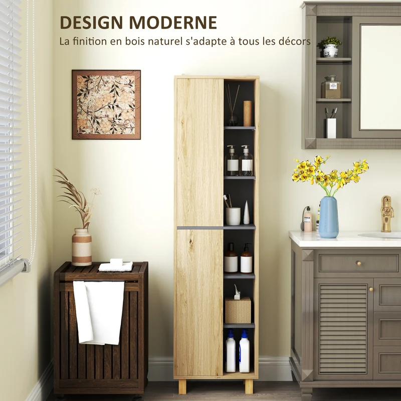 Meuble colonne salle de bain 40 x 24 x 148 cm six niches 2 portes rangement sans poignée moderne en MDF bois naturel 21_0002049