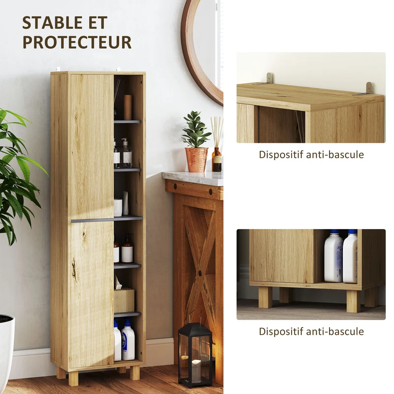 Meuble colonne salle de bain 40 x 24 x 148 cm six niches 2 portes rangement sans poignée moderne en MDF bois naturel 21_0002049