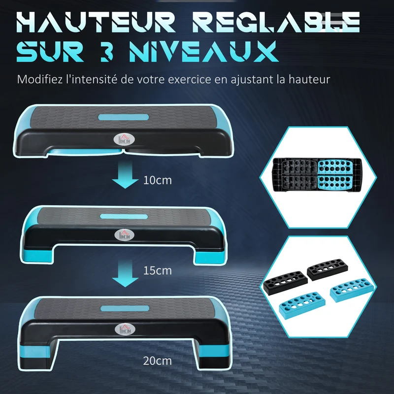 Marche d'aérobic réglable 78 x 28 x 20 cm antidérapante hauteur 3 niveaux charge 150 kg moderne minimaliste en PP noir 21_0006711