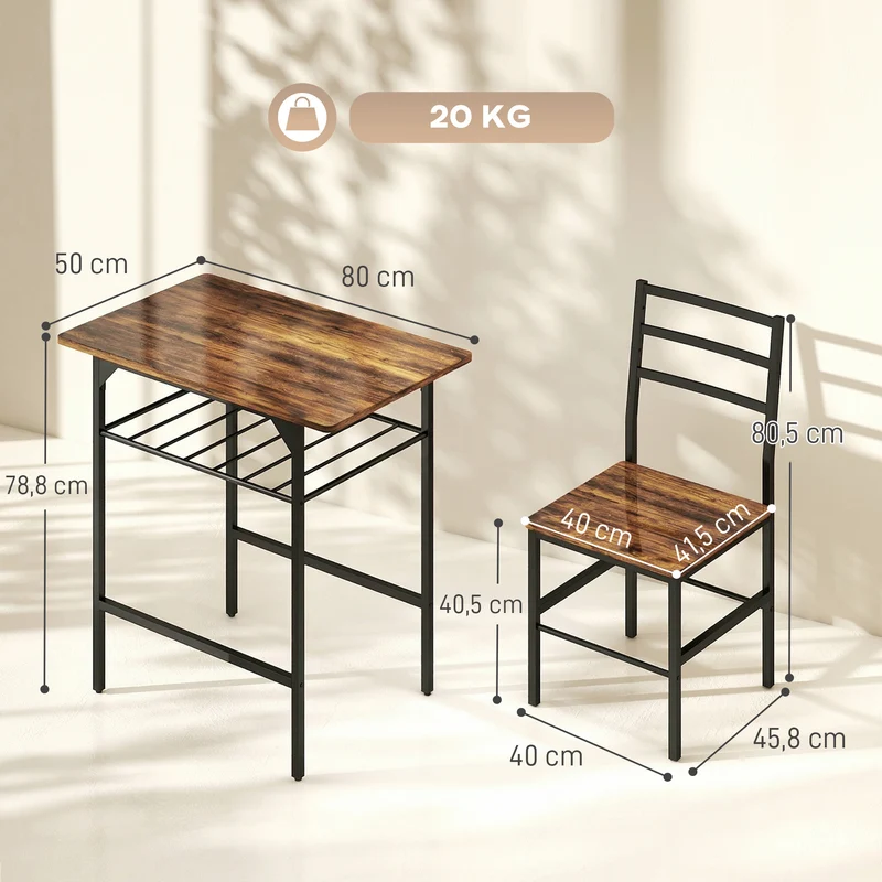 Lot de 3 ensemble table 2 chaises 80 x 50 x 78,8 cm gain de place étagère style industriel en panneau de particules brun 21_0003389