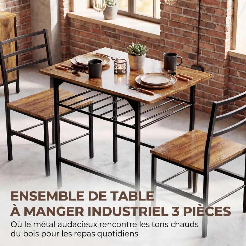 Lot de 3 ensemble table 2 chaises 80 x 50 x 78,8 cm gain de place étagère style industriel en panneau de particules brun 21_0003389