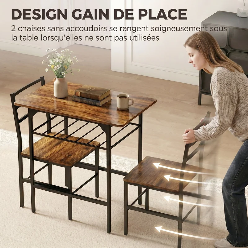 Lot de 3 ensemble table 2 chaises 80 x 50 x 78,8 cm gain de place étagère style industriel en panneau de particules brun 21_0003389