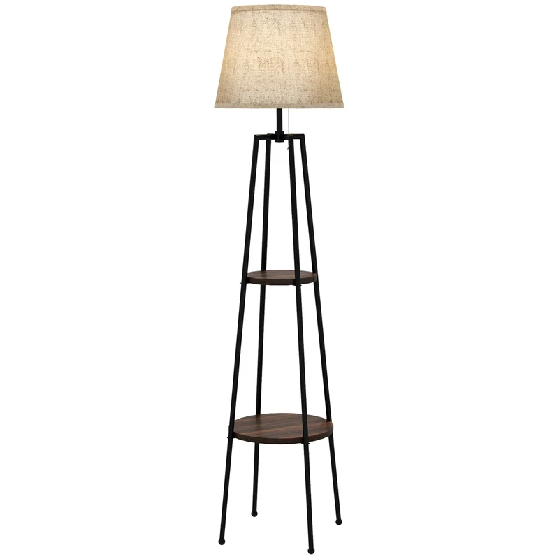 Lampadaire sur pied salon 2 étagères 42 x 42 x 166 cm éclairage d'ambiance interrupteur à tirette moderne en métal noir 21_0007032