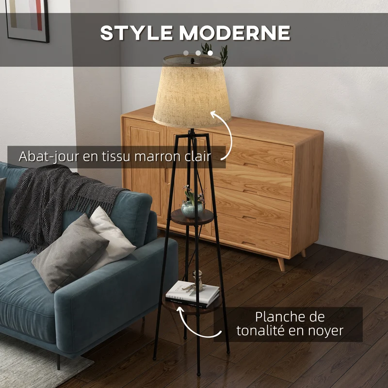 Lampadaire sur pied salon 2 étagères 42 x 42 x 166 cm éclairage d'ambiance interrupteur à tirette moderne en métal noir 21_0007032