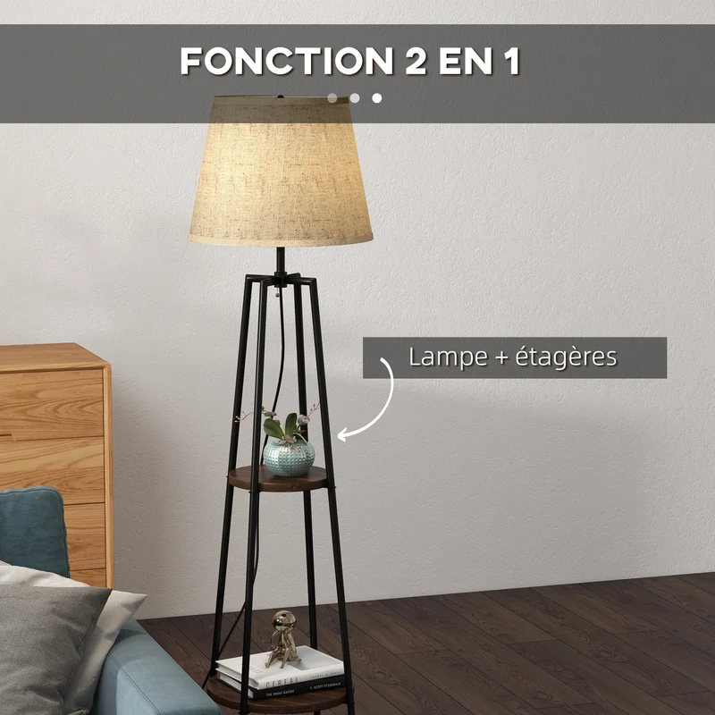 Lampadaire sur pied salon 2 étagères 42 x 42 x 166 cm éclairage d'ambiance interrupteur à tirette moderne en métal noir 21_0007032