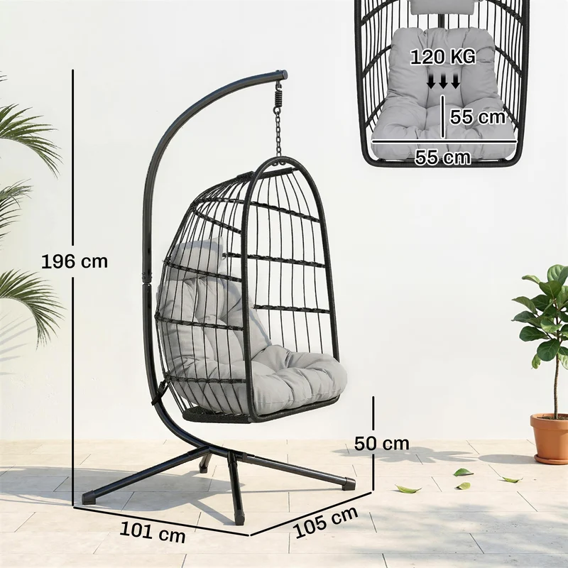 Fauteuil œuf suspendu 101 x 105 x 196 cm coussin épais pliable sangle sécurité scandinave en résine tressée gris clair 21_0006091