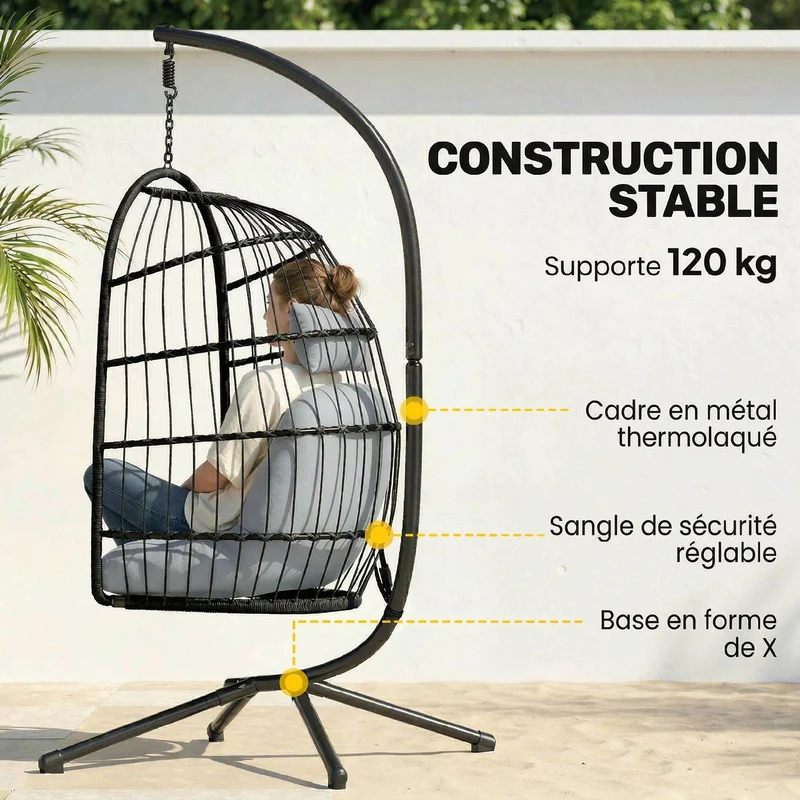 Fauteuil œuf suspendu 101 x 105 x 196 cm coussin épais pliable sangle sécurité scandinave en résine tressée gris clair 21_0006091