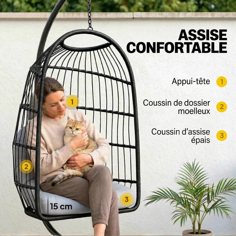Fauteuil œuf suspendu 101 x 105 x 196 cm coussin épais pliable sangle sécurité scandinave en résine tressée gris clair 21_0006091