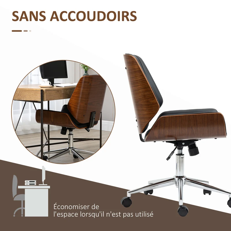 Chaise de bureau 53 x 60 x 86-96 cm réglable en hauteur pivotante 360° pratique ergonomique vintage design en PU noir 21_0006224