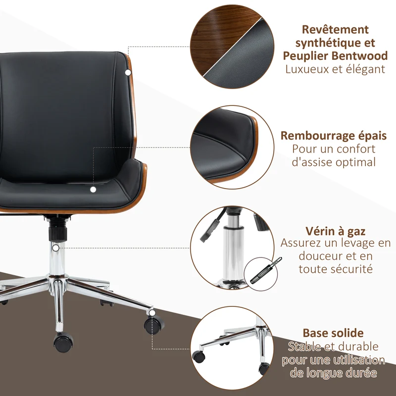 Chaise de bureau 53 x 60 x 86-96 cm réglable en hauteur pivotante 360° pratique ergonomique vintage design en PU noir 21_0006224