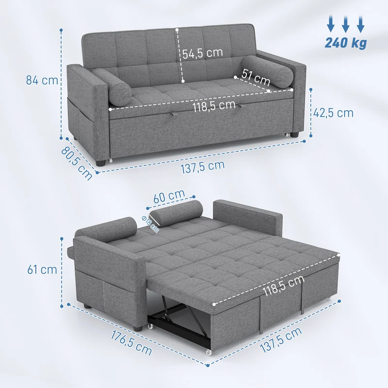 Canapé convertible 2 places lit gigogne dossier réglable roulettes 80,5 x 137,5 x 84 cm moderne épuré en polyester gris 21_0003524