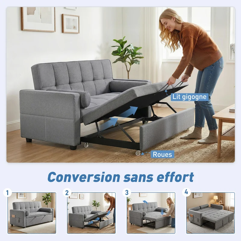 Canapé convertible 2 places lit gigogne dossier réglable roulettes 80,5 x 137,5 x 84 cm moderne épuré en polyester gris 21_0003524