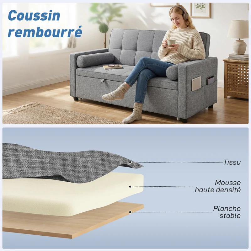 Canapé convertible 2 places lit gigogne dossier réglable roulettes 80,5 x 137,5 x 84 cm moderne épuré en polyester gris 21_0003524