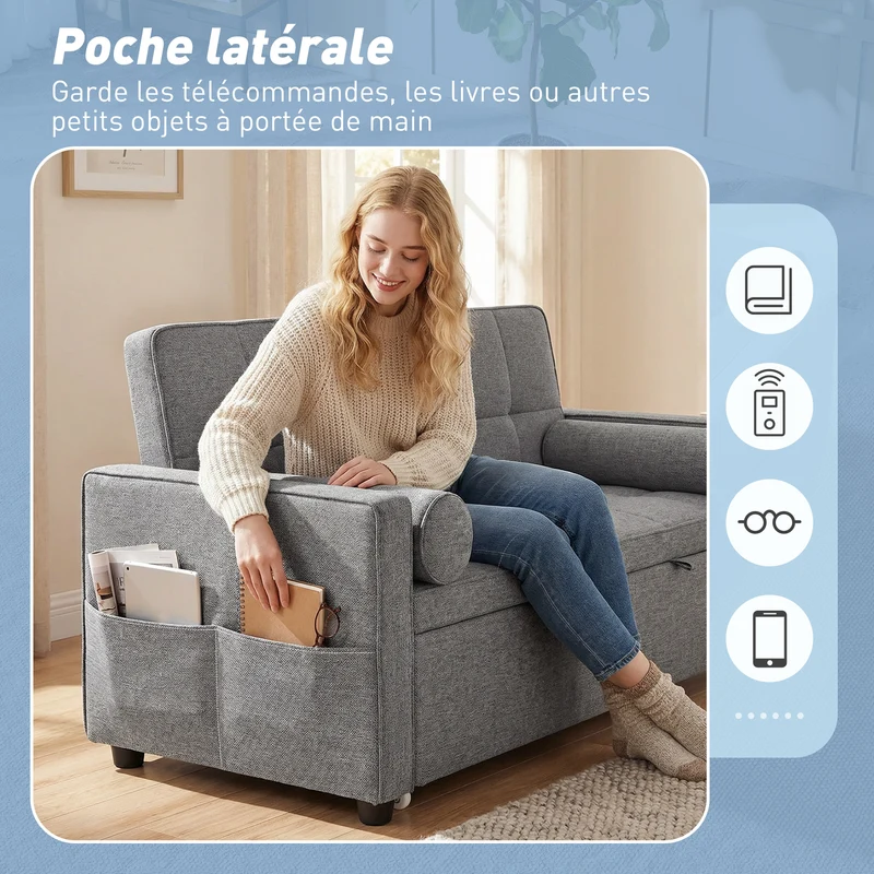 Canapé convertible 2 places lit gigogne dossier réglable roulettes 80,5 x 137,5 x 84 cm moderne épuré en polyester gris 21_0003524