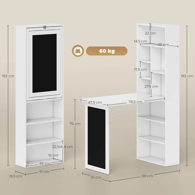 Bureau mural pliable gain de place 98 x 51 x 153 cm avec étagère et tableau à craie épuré contemporain en MDF blanc 21_0002453