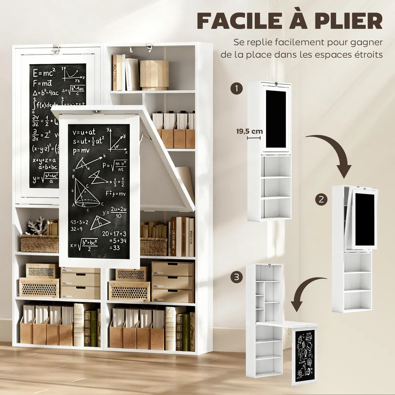 Bureau mural pliable gain de place 98 x 51 x 153 cm avec étagère et tableau à craie épuré contemporain en MDF blanc 21_0002453