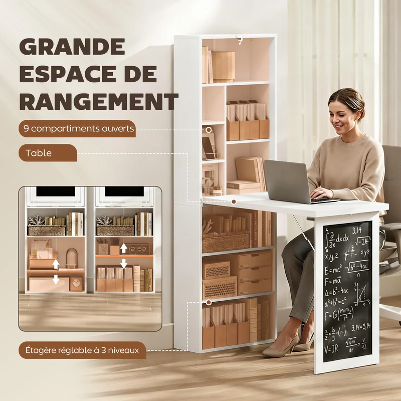 Bureau mural pliable gain de place 98 x 51 x 153 cm avec étagère et tableau à craie épuré contemporain en MDF blanc 21_0002453