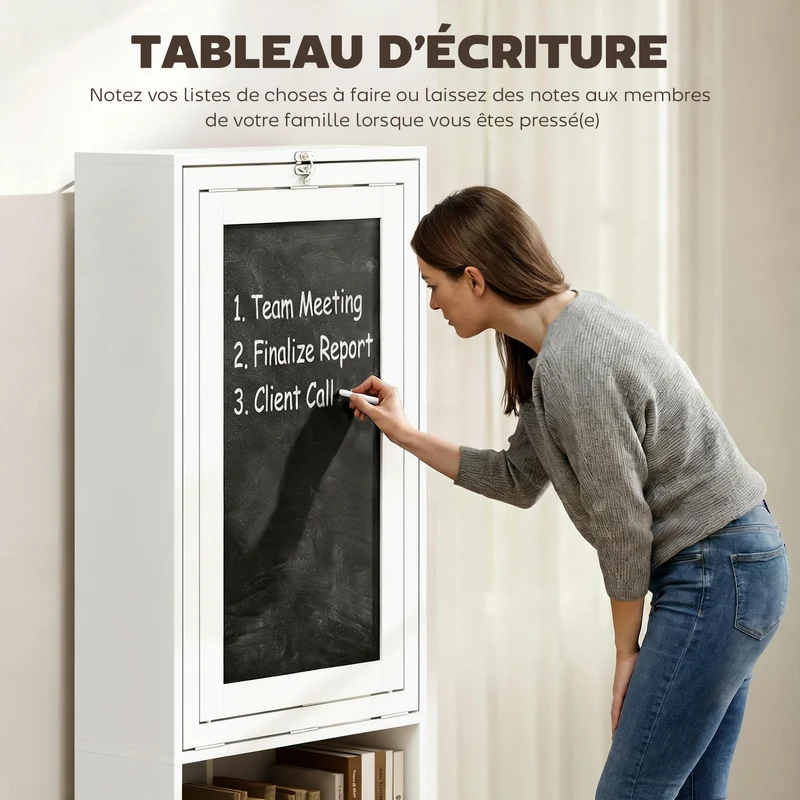 Bureau mural pliable gain de place 98 x 51 x 153 cm avec étagère et tableau à craie épuré contemporain en MDF blanc 21_0002453