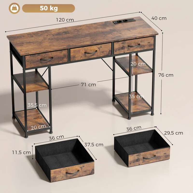 Bureau avec rangement 120 x 40 x 76 cm prises usb intégrées 3 tiroirs 4 étagères style moderne en bois d'ingénierie brun 21_0002538