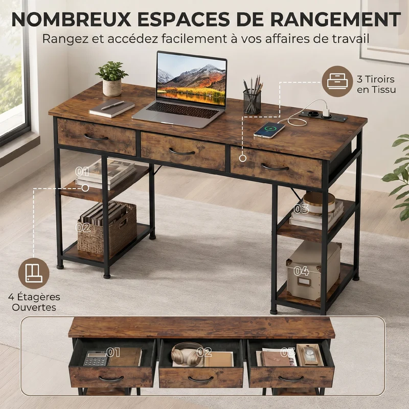 Bureau avec rangement 120 x 40 x 76 cm prises usb intégrées 3 tiroirs 4 étagères style moderne en bois d'ingénierie brun 21_0002538