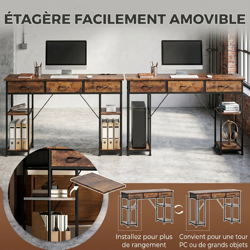 Bureau avec rangement 120 x 40 x 76 cm prises usb intégrées 3 tiroirs 4 étagères style moderne en bois d'ingénierie brun 21_0002538