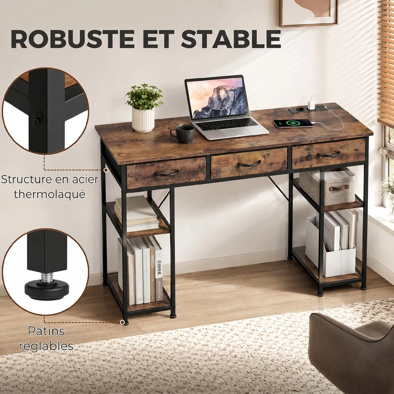 Bureau avec rangement 120 x 40 x 76 cm prises usb intégrées 3 tiroirs 4 étagères style moderne en bois d'ingénierie brun 21_0002538