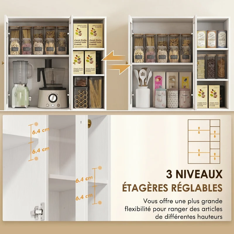 Buffet haut cuisine vitrine 90 x 35 x 172 cm rangement modulable fermeture douce contemporain scandinave en MDF blanc 21_0003346