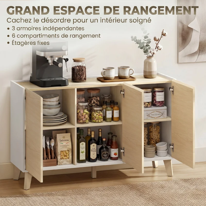 Buffet de rangement salon 120 x 35 x 73,5 cm 6 compartiments portes fermeture douce style scandinave en MDF bois naturel 21_0003411