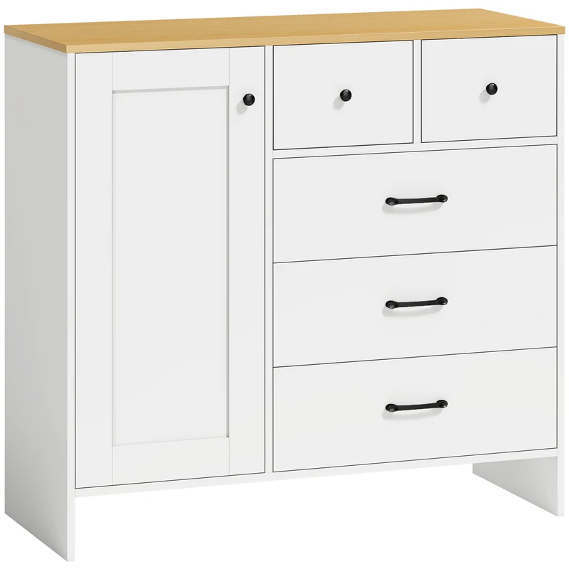 Buffet de rangement cuisine 100 x 40 x 94 cm 5 tiroirs armoire sécurisée plateau large bar à café rustique en MDF blanc 21_0003406