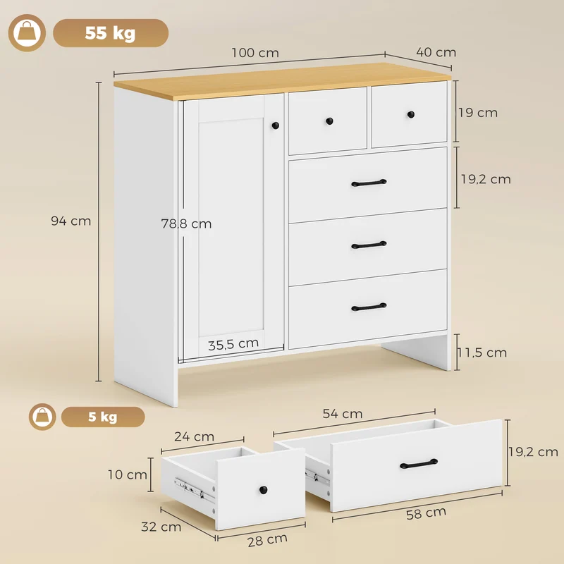Buffet de rangement cuisine 100 x 40 x 94 cm 5 tiroirs armoire sécurisée plateau large bar à café rustique en MDF blanc 21_0003406