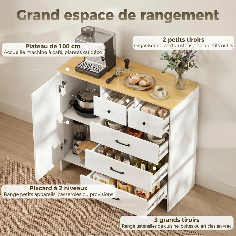 Buffet de rangement cuisine 100 x 40 x 94 cm 5 tiroirs armoire sécurisée plateau large bar à café rustique en MDF blanc 21_0003406