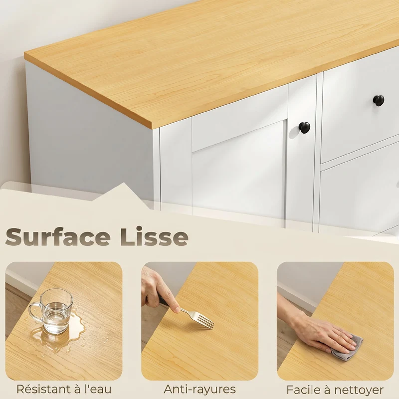 Buffet de rangement cuisine 100 x 40 x 94 cm 5 tiroirs armoire sécurisée plateau large bar à café rustique en MDF blanc 21_0003406