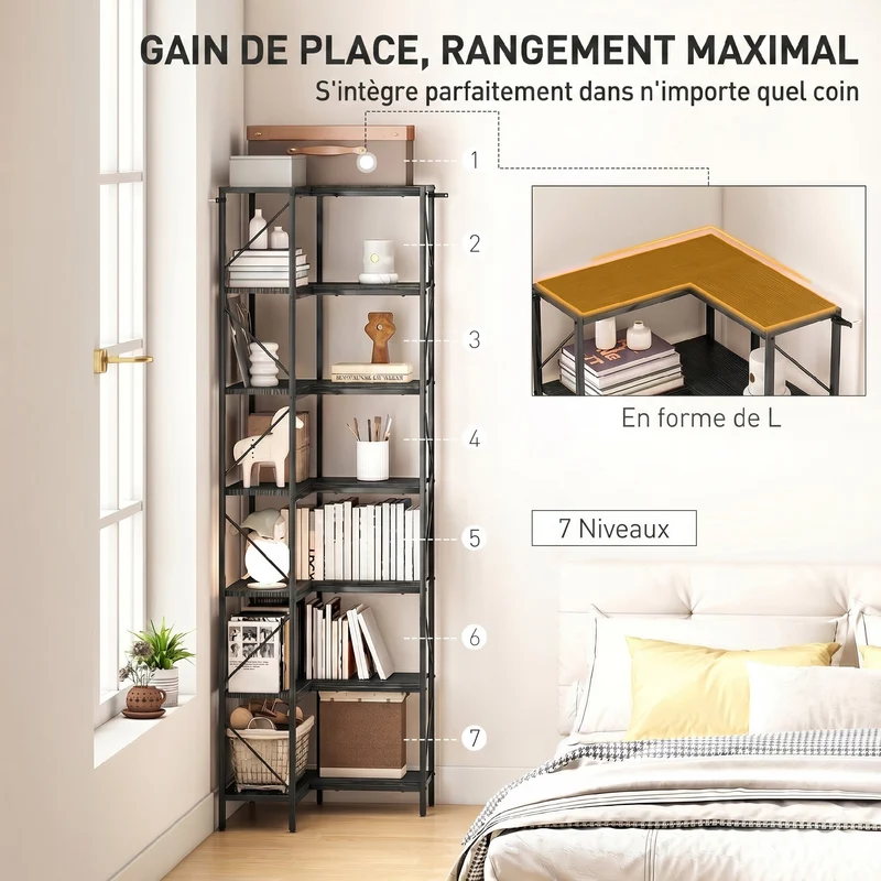 Bibliothèque d'angle 60 x 60 x 198 cm rangement optimisé anti basculement industriel contemporain salon en bois noir 21_0002535