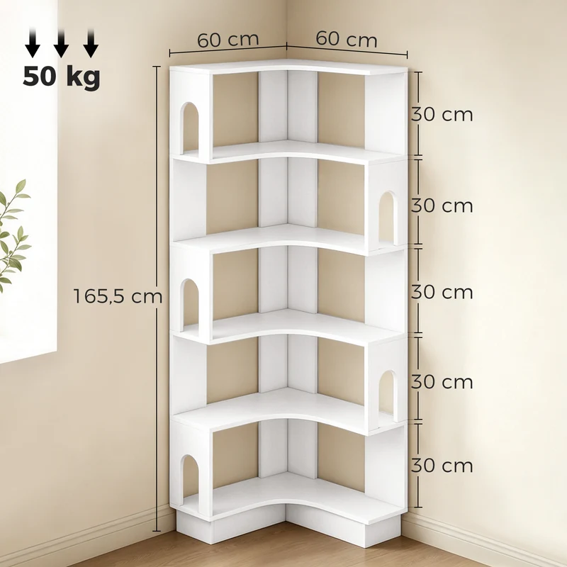 Bibliothèque d'angle 60 x 60 x 165,5 cm gain de place 6 niveaux rangement moderne épuré en panneaux de particules blanc 21_0003000
