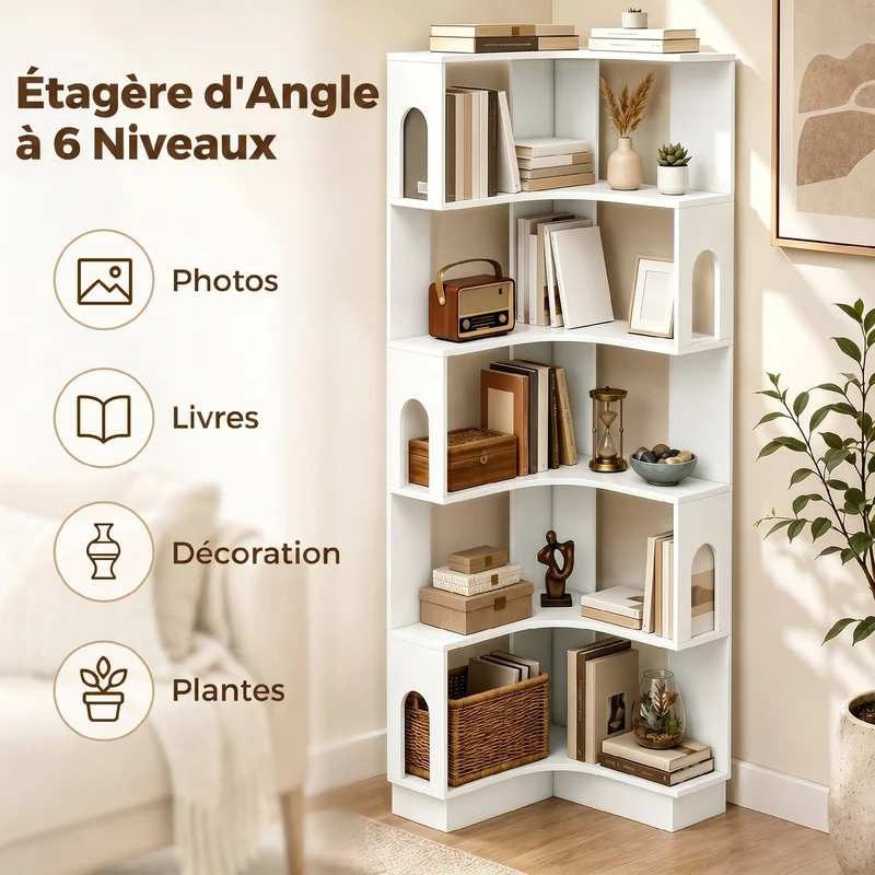 Bibliothèque d'angle 60 x 60 x 165,5 cm gain de place 6 niveaux rangement moderne épuré en panneaux de particules blanc 21_0003000
