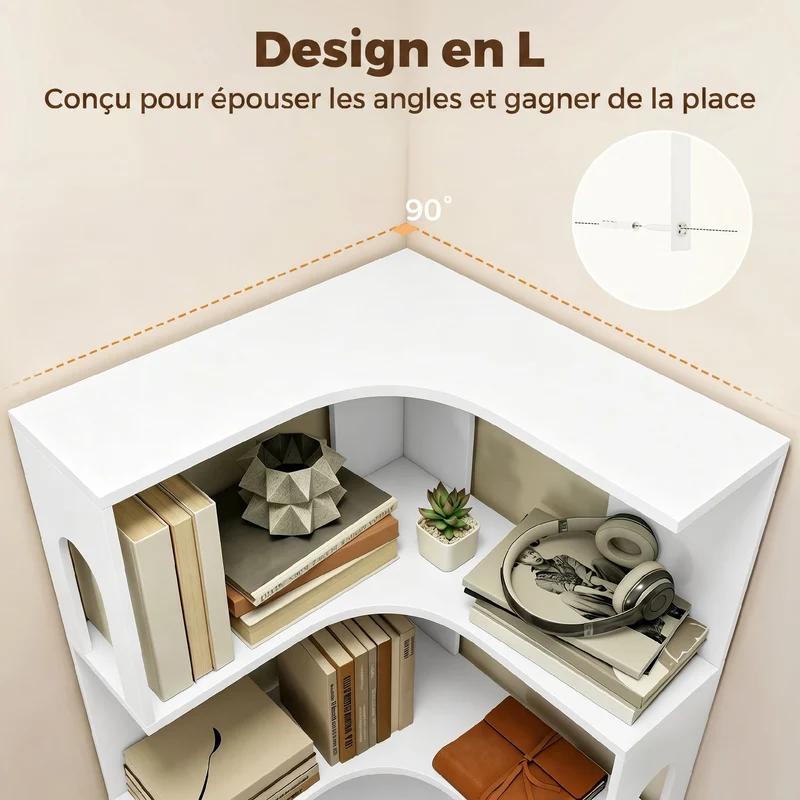 Bibliothèque d'angle 60 x 60 x 165,5 cm gain de place 6 niveaux rangement moderne épuré en panneaux de particules blanc 21_0003000