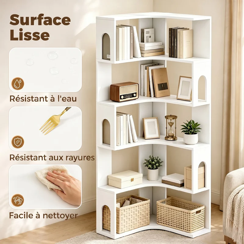 Bibliothèque d'angle 60 x 60 x 165,5 cm gain de place 6 niveaux rangement moderne épuré en panneaux de particules blanc 21_0003000