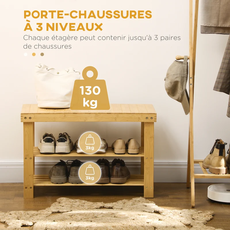 Banc d'entrée rangement chaussures 70 x 28 x 45 cm assise pratique 6 paires scandinave épuré en bambou bois naturel 21_0002653