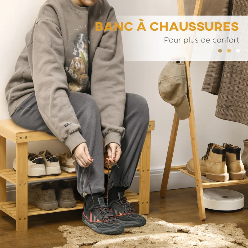 Banc d'entrée rangement chaussures 70 x 28 x 45 cm assise pratique 6 paires scandinave épuré en bambou bois naturel 21_0002653