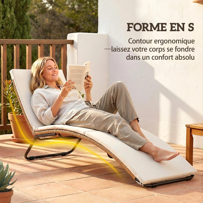 Bain de soleil forme s jardin terrasse 57 x 175 x 80 cm assise ergonomique coussin 195cm design tendance en résine crème 21_0006009