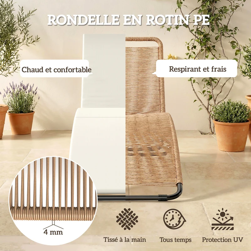 Bain de soleil forme s jardin terrasse 57 x 175 x 80 cm assise ergonomique coussin 195cm design tendance en résine crème 21_0006009