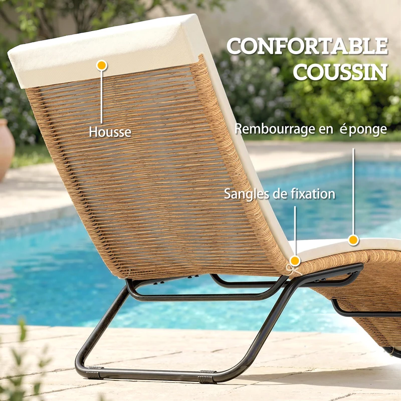 Bain de soleil forme s jardin terrasse 57 x 175 x 80 cm assise ergonomique coussin 195cm design tendance en résine crème 21_0006009