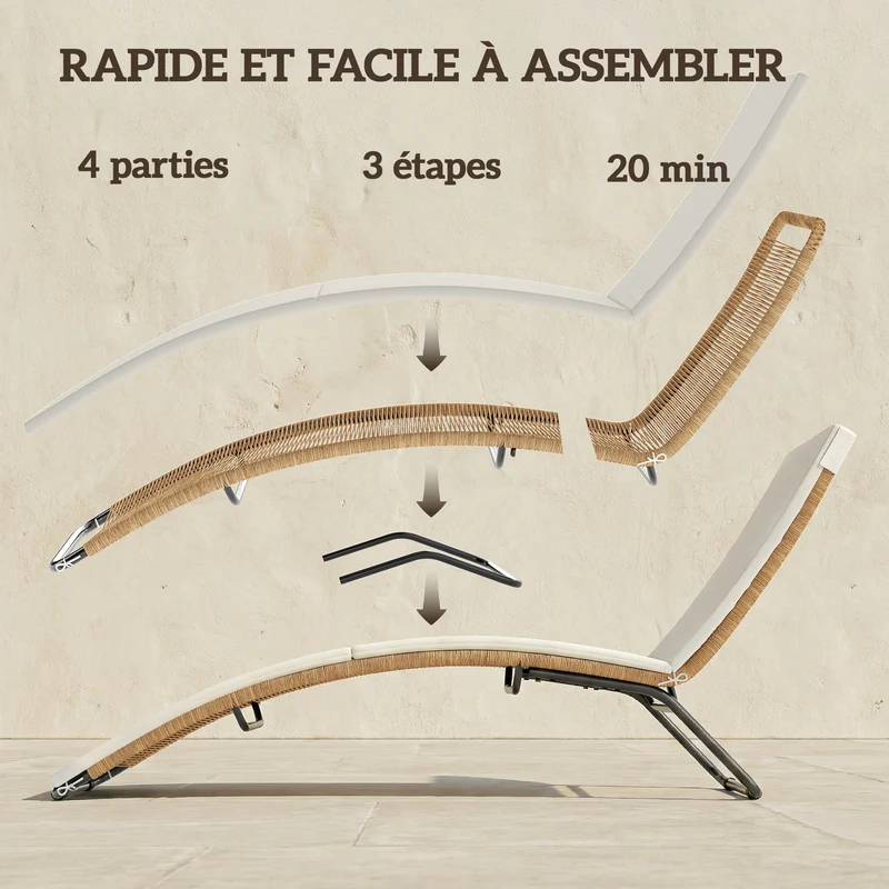 Bain de soleil forme s jardin terrasse 57 x 175 x 80 cm assise ergonomique coussin 195cm design tendance en résine crème 21_0006009