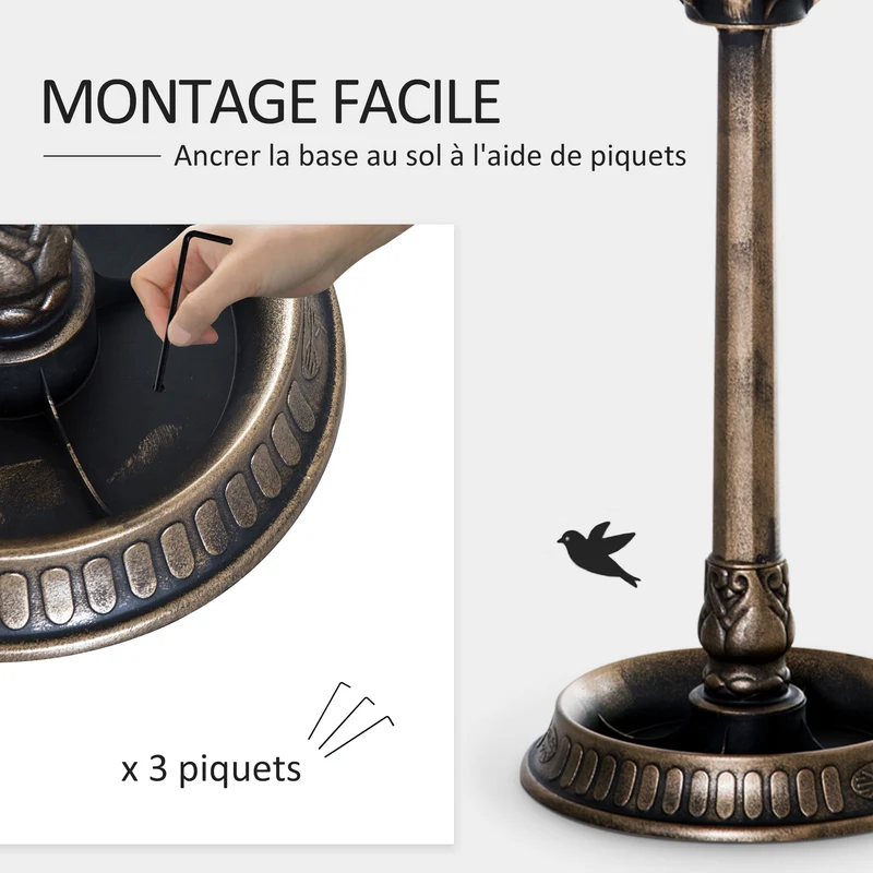Bain d'oiseaux trois en un jardinière abreuvoir 50 x 113 cm stable résistant rustique en polypropylène bronze antique 21_0003923